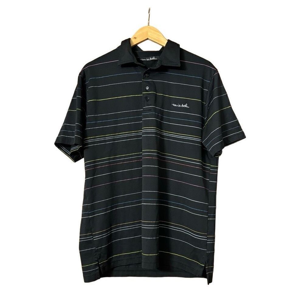 Travis Mathew Polo Shirt Mens large Black Striped Pima cotton Performance Golfer